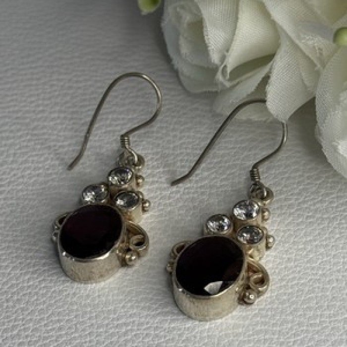 925 Sterling Silver Garnet & CZ Earrings Length 1.70 Inch