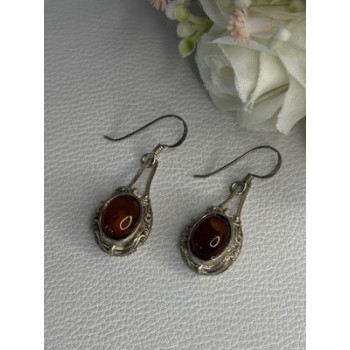 Vintage 925 Sterling Silver Amber Earrings Length 1.40 Inch