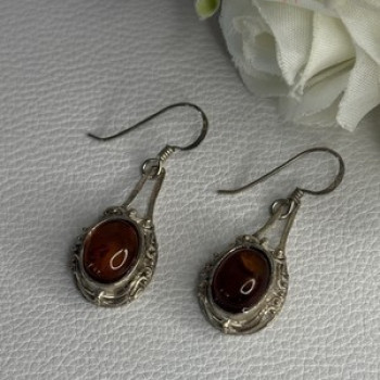 Vintage 925 Sterling Silver Amber Earrings Length 1.40 Inch