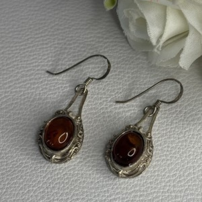 Vintage 925 Sterling Silver Amber Earrings Length 1.40 Inch