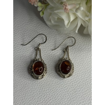 Vintage 925 Sterling Silver Amber Earrings Length 1.40 Inch
