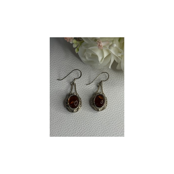 Vintage 925 Sterling Silver Amber Earrings Length 1.40 Inch