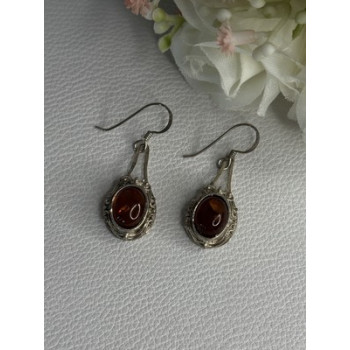 Vintage 925 Sterling Silver Amber Earrings Length 1.40 Inch