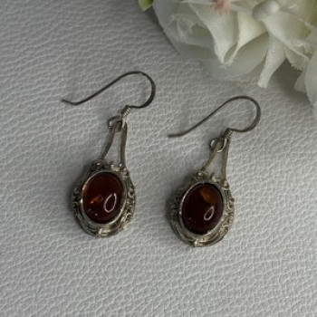 Vintage 925 Sterling Silver Amber Earrings Length 1.40 Inch