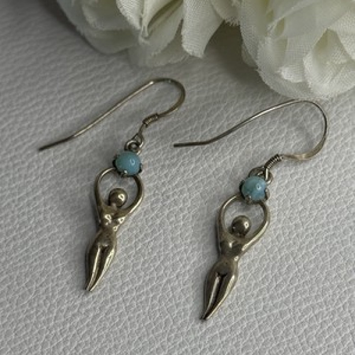 Dancing Girl 925 Sterling Silver Larimar Earrings Length 1.60 Inch