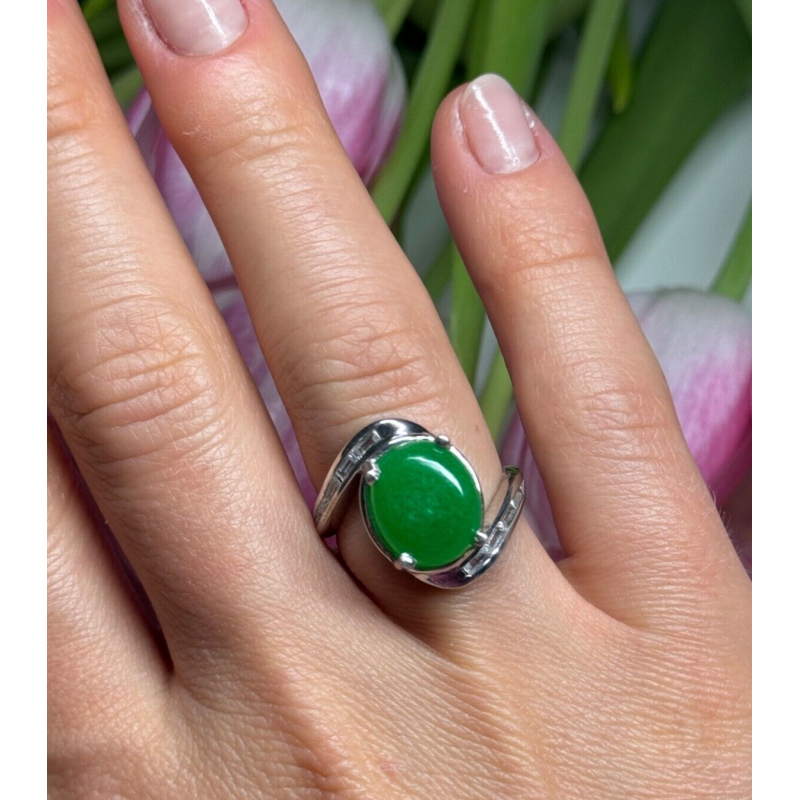 D'joy 925 Sterling Silver Green Nephrite & White Beryl Ring Size 6.5