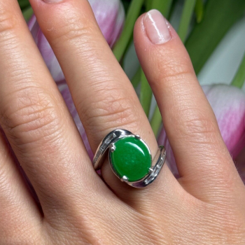 D'Joy 925 Sterling Silver Green Nephrite & White Beryl Ring Size 6.5