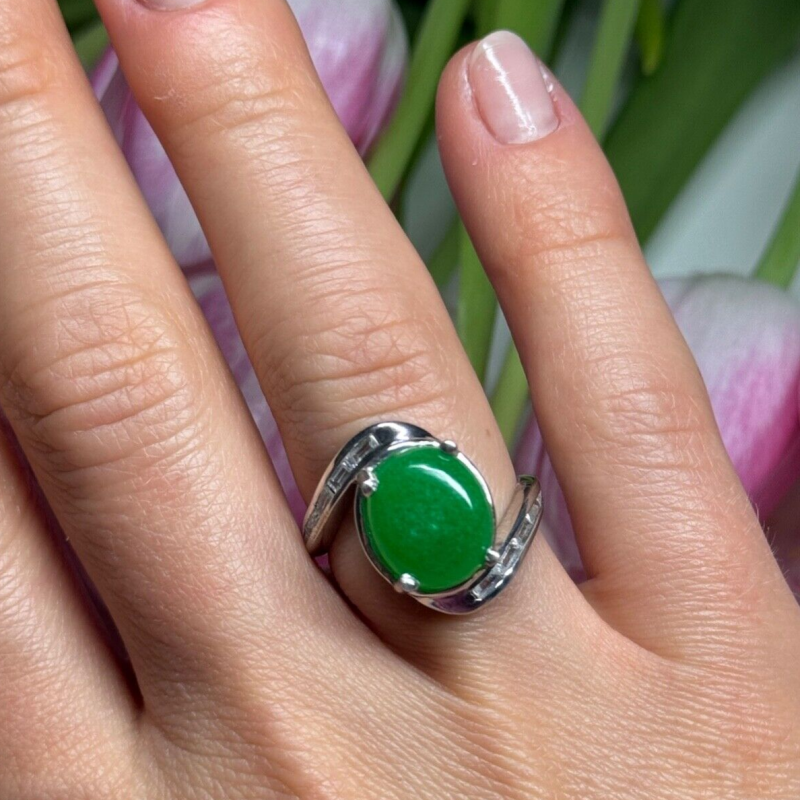 D'Joy 925 Sterling Silver Green Nephrite & White Beryl Ring Size 6.5