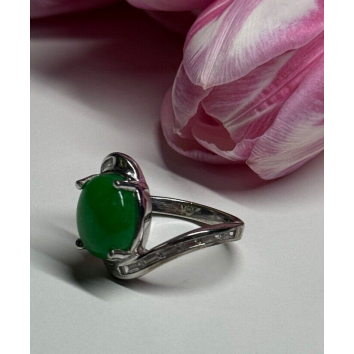 D'joy 925 Sterling Silver Green Nephrite & White Beryl Ring Size 6.5