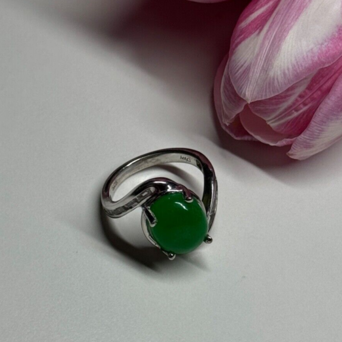 D'Joy 925 Sterling Silver Green Nephrite & White Beryl Ring Size 6.5