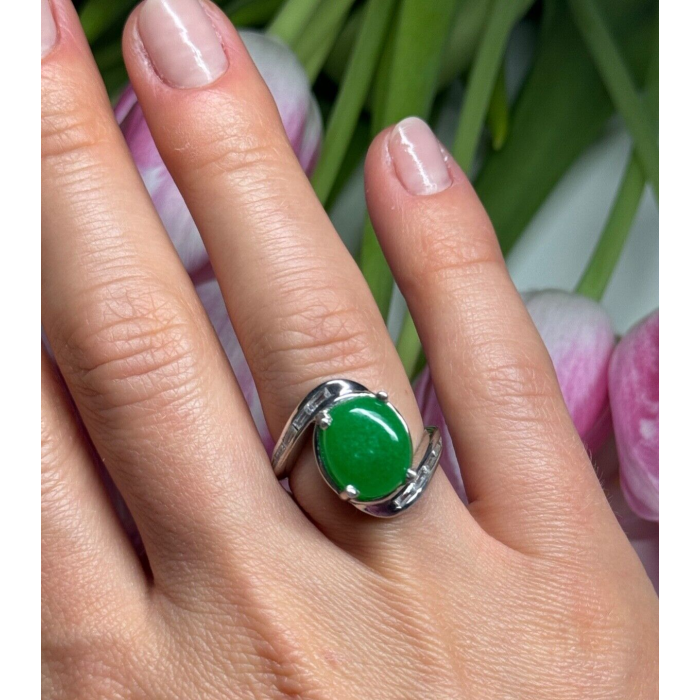 D'joy 925 Sterling Silver Green Nephrite & White Beryl Ring Size 6.5