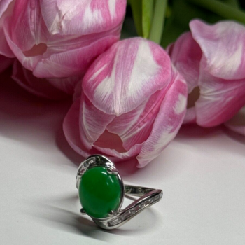 D'Joy 925 Sterling Silver Green Nephrite & White Beryl Ring Size 6.5