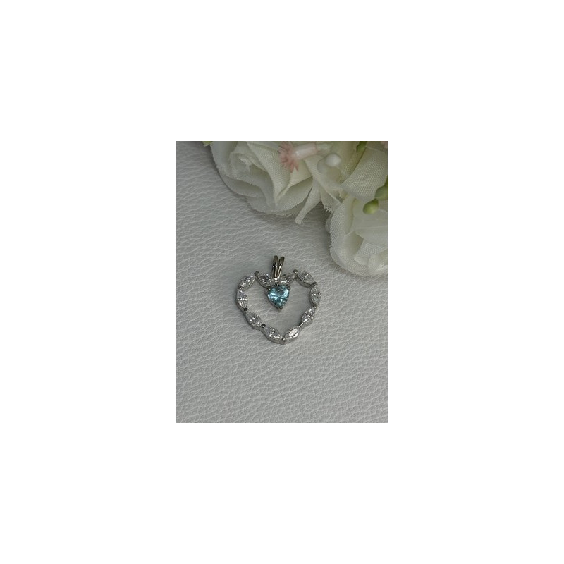 925 Sterling Silver Topaz & Beryl Heart Pendant Length 0.80 Inch