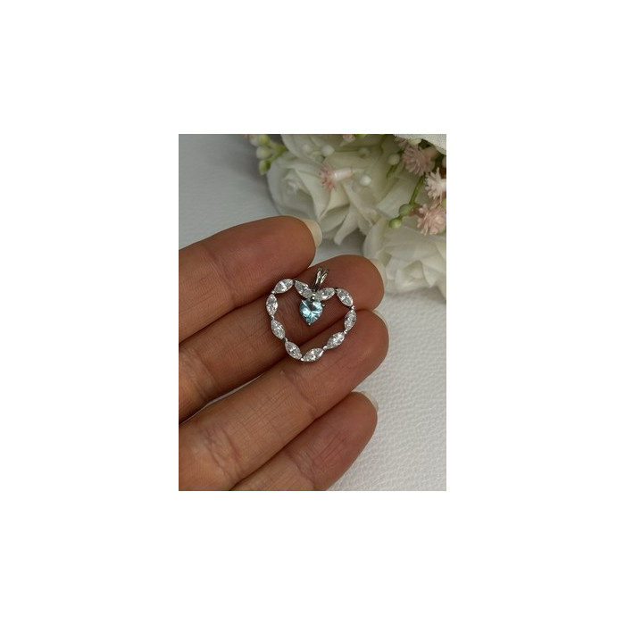 925 Sterling Silver Topaz & Beryl Heart Pendant Length 0.80 Inch