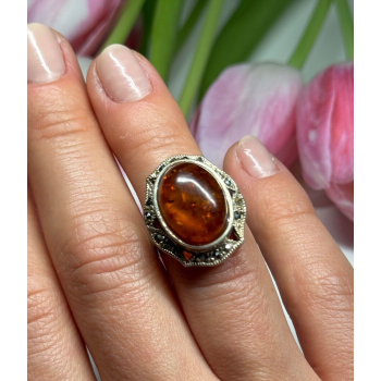 925 Sterling Silver Amber & Marcasite Ring Size 5