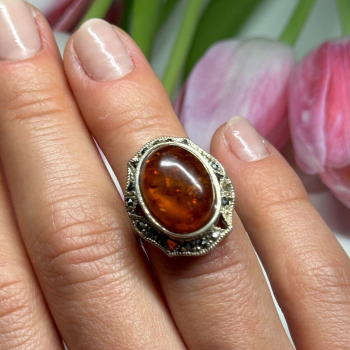 925 Sterling Silver Amber & Marcasite Ring Size 5