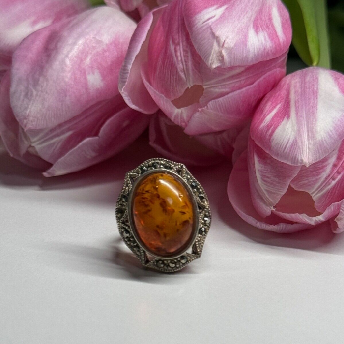 925 Sterling Silver Amber & Marcasite Ring Size 5