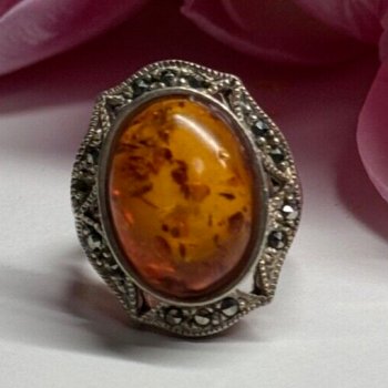 925 Sterling Silver Amber & Marcasite Ring Size 5