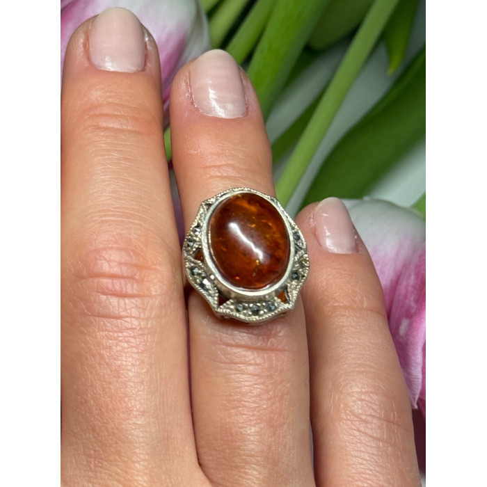 925 Sterling Silver Amber & Marcasite Ring Size 5