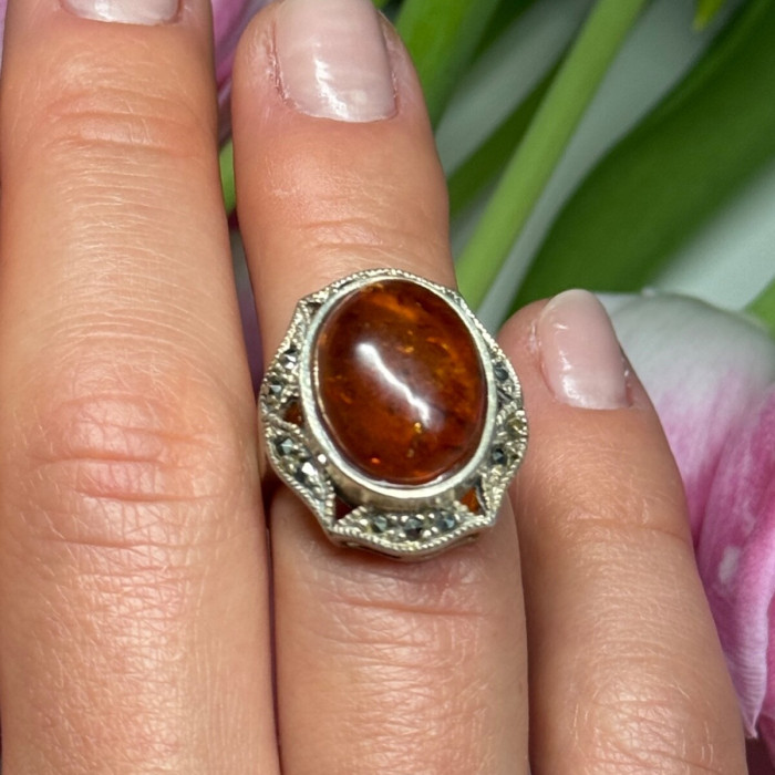 925 Sterling Silver Amber & Marcasite Ring Size 5