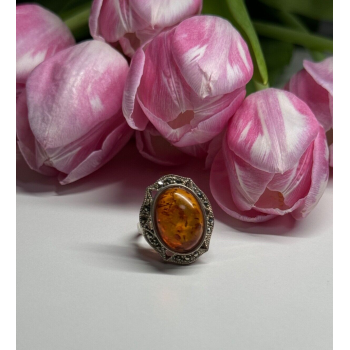 925 Sterling Silver Amber & Marcasite Ring Size 5