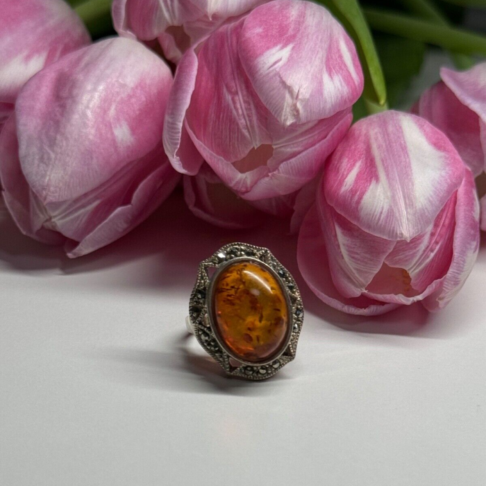 925 Sterling Silver Amber & Marcasite Ring Size 5