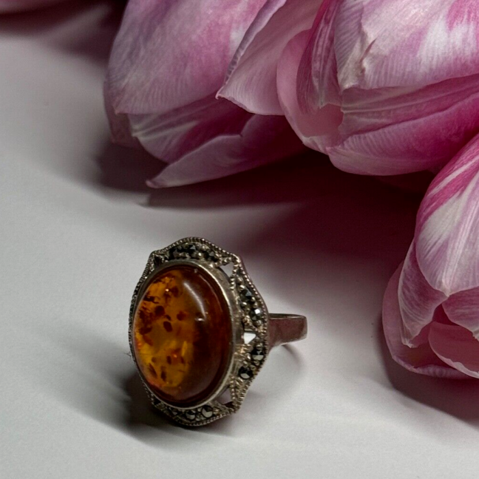 925 Sterling Silver Amber & Marcasite Ring Size 5