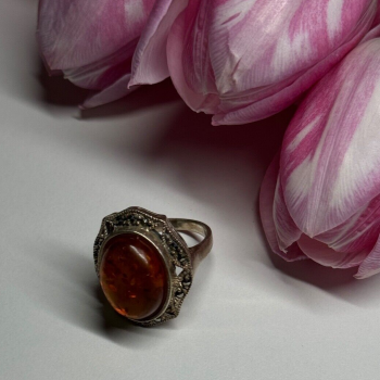 925 Sterling Silver Amber & Marcasite Ring Size 5