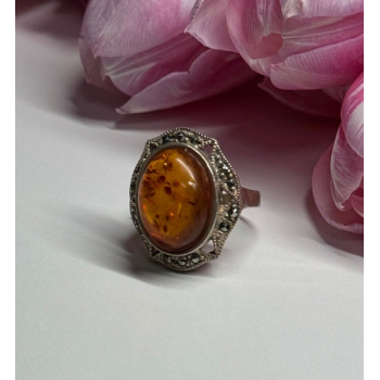 925 Sterling Silver Amber & Marcasite Ring Size 5