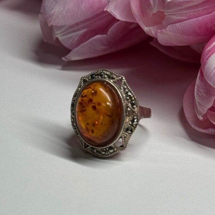 925 Sterling Silver Amber & Marcasite Ring Size 5