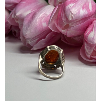 925 Sterling Silver Amber & Marcasite Ring Size 5