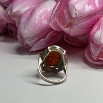 925 Sterling Silver Amber & Marcasite Ring Size 5