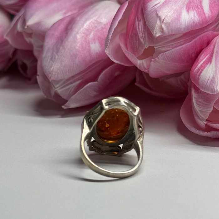 925 Sterling Silver Amber & Marcasite Ring Size 5