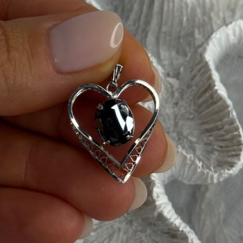 925 Sterling Silver Hematite Heart Pendant Length 1 Inch