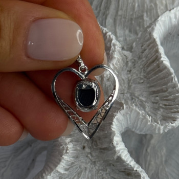 925 Sterling Silver Hematite Heart Pendant Length 1 Inch