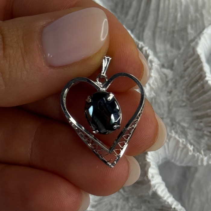 925 Sterling Silver Hematite Heart Pendant Length 1 Inch