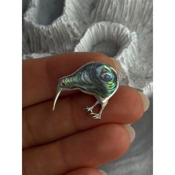 Vintage 925 Sterling Silver Abalone Kiwi Bird Brooch Length 0.80 Inch