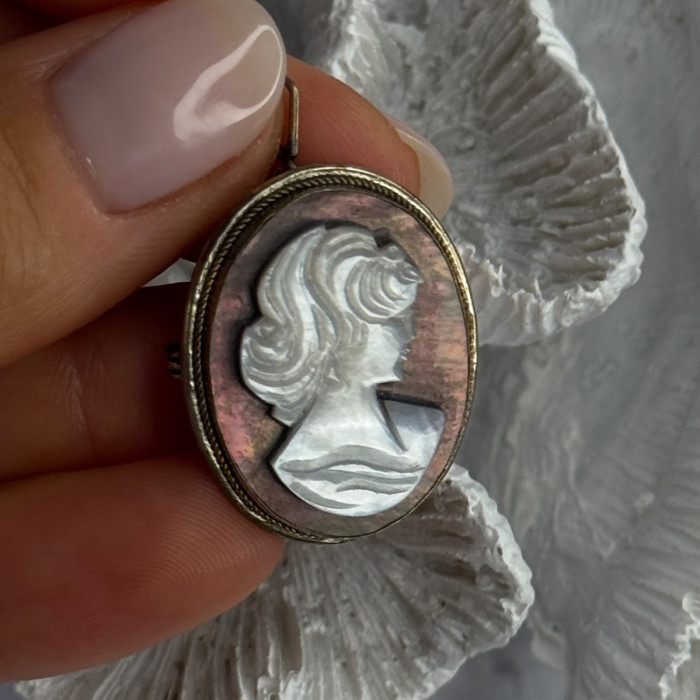 Vintage 925 Sterling Silver Abalone Cameo Brooch Pendant
