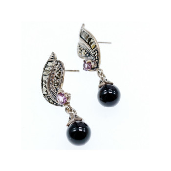 925 Sterling Silver Nephrite, Amethyst & Marcasites Earrings