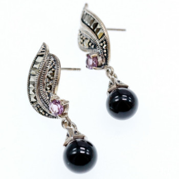 925 Sterling Silver Nephrite, Amethyst & Marcasites Earrings
