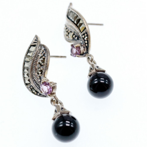 925 Sterling Silver Nephrite, Amethyst & Marcasites Earrings