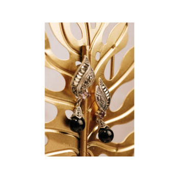 925 Sterling Silver Nephrite, Amethyst & Marcasites Earrings