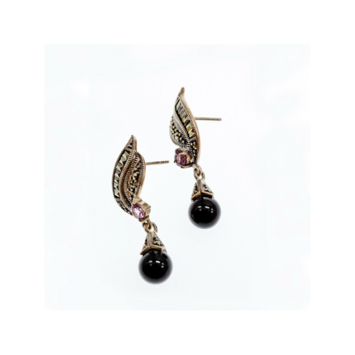 925 Sterling Silver Nephrite, Amethyst & Marcasites Earrings