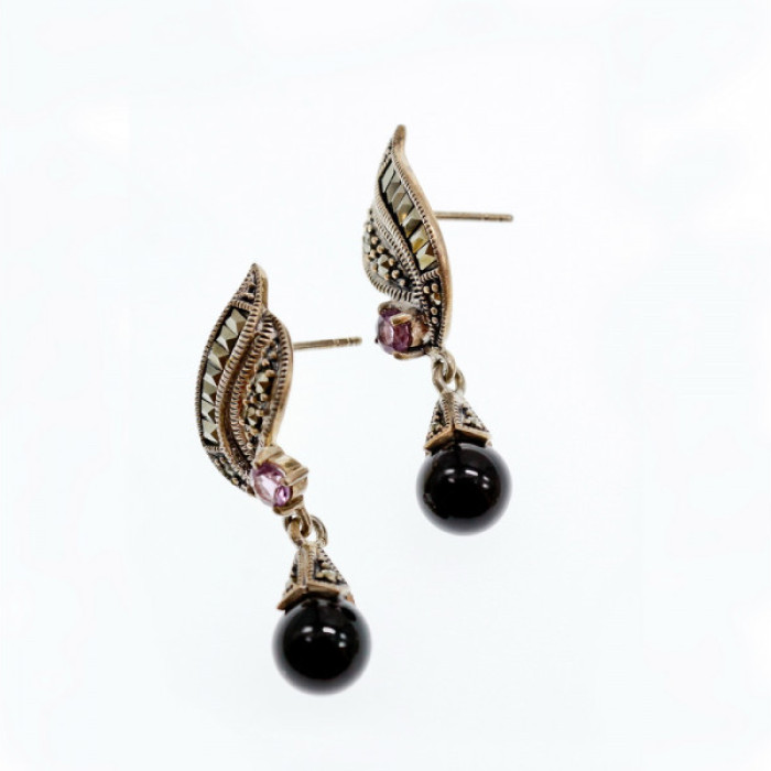 925 Sterling Silver Nephrite, Amethyst & Marcasites Earrings