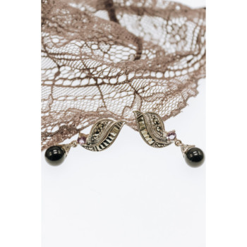 925 Sterling Silver Nephrite, Amethyst & Marcasites Earrings
