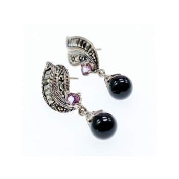 925 Sterling Silver Nephrite, Amethyst & Marcasites Earrings