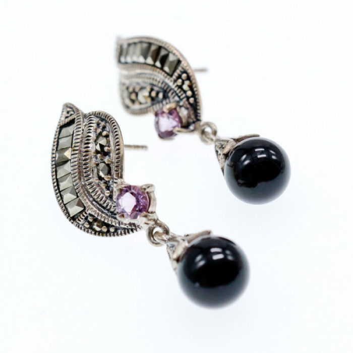 925 Sterling Silver Nephrite, Amethyst & Marcasites Earrings
