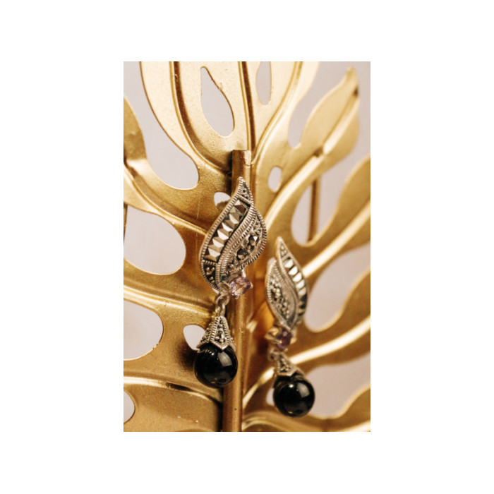 925 Sterling Silver Nephrite, Amethyst & Marcasites Earrings