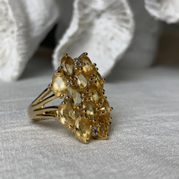 925 Sterling Silver Gold Plated Yellow Tourmalines & Diamonds Ring Size 8