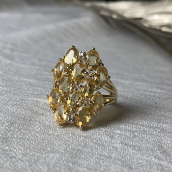 925 Sterling Silver Gold Plated Yellow Tourmalines & Diamonds Ring Size 8